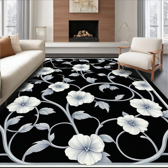 ODIKA 4'x6' Machine Washable Non-Slip Area Rug, Elegant Black Botanical Accent Featuring Pile High Traffic Rug, Gray, 87337