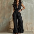 thumbnail image 6 of Costeam Womens Sleeveless Collared V Neck Full Length Jumpsuit Dual Side Slip Pockets Drawstring Cinched Elastic High Waist Lightweight Flowey Wide Leg One Piece Casual Outfit, 6 of 7