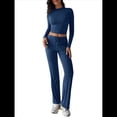 thumbnail image 3 of Conjuntos de 2 Piezas para Mujer, Larga, Cuello Redondo, Pantalones Acampanados de Cintura Alta, Conjuntos de Chándal, Ropa de Calle. Azul Real M, 3 of 10