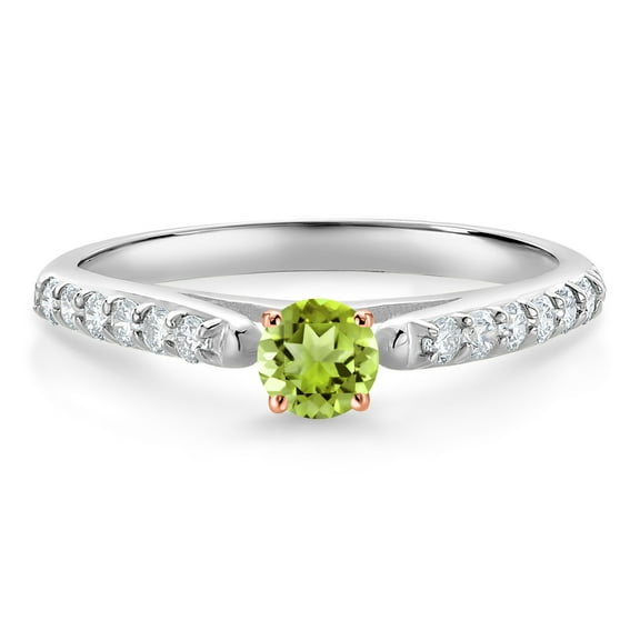 Gem Stone King 10K White and Rose Gold Green Peridot and White Lab Grown Diamond Engagement Ring for Women (0.39 Cttw, Gemstone August Birthstone, Round 3.5MM, Size 7)