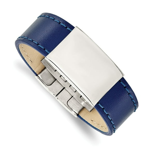 23.44mm Stainless Steel Polished Blue Leather ID Bracelet - 8.25 Inch