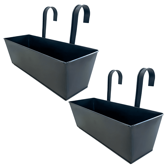 2 Pcs Metal Railing Planters, 16.3 in Outdoor Planter Boxes, Hanging Metal Balcony Planter, Iron Flower Pot with Drainage Holes, Black