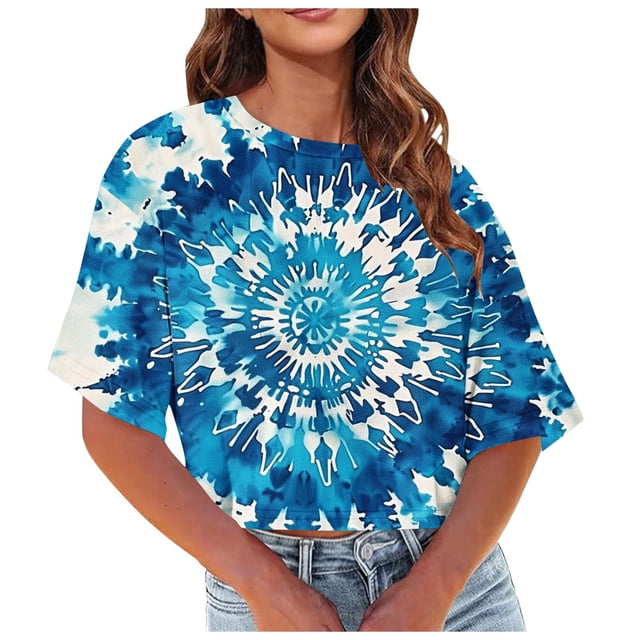 Posijego T-Shirts Teinture sur Nœuds Graphiques pour Femmes Été Décontracté Col Rond Manches Courtes Crop Tops