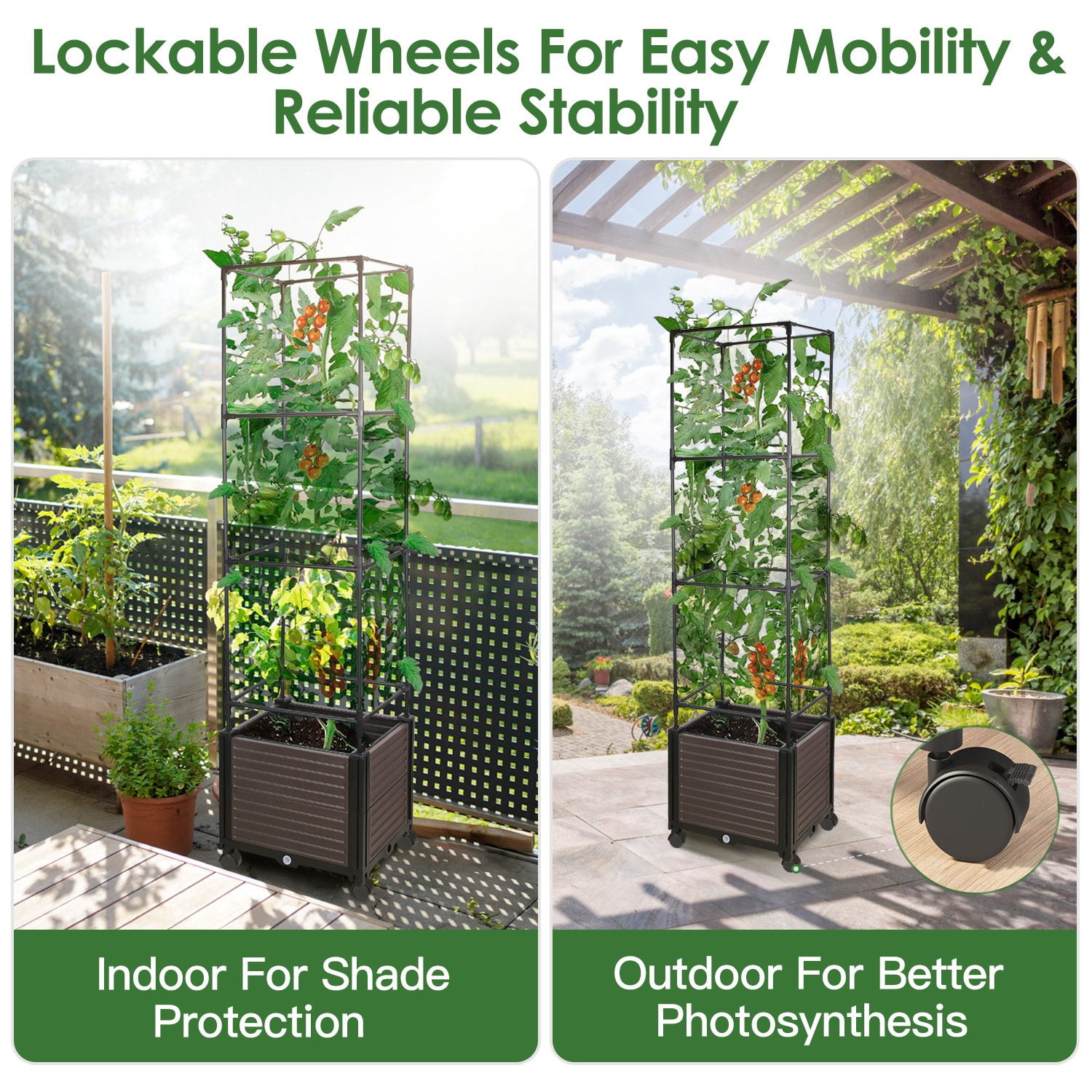 Large Tall Raised Garden Bed with Trellis for Climbing Plants, 63in Expandable Vertical Planter with 4 Lockable Wheels Outdoor Indoor Planter Box for Vines Tomatoes Cucumbers on Patio, Balcony Deck