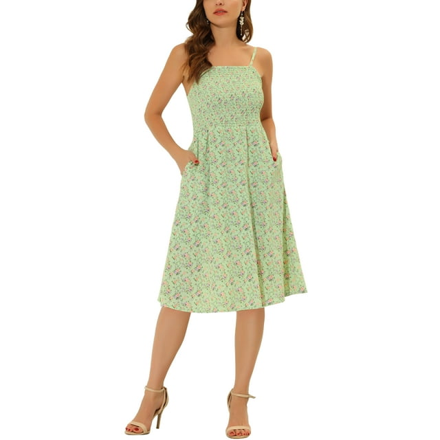 Vestido Floral de Tirantes Espagueti con Bolsillos para Mujeres Chic de Verano XS Verde Claro