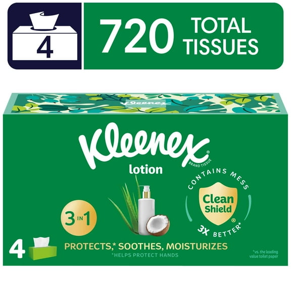 Kleenex Lotion Facial Tissues with Coconut Oil, 4 Flat Boxes, 180 Tissues per Box, 3-Ply