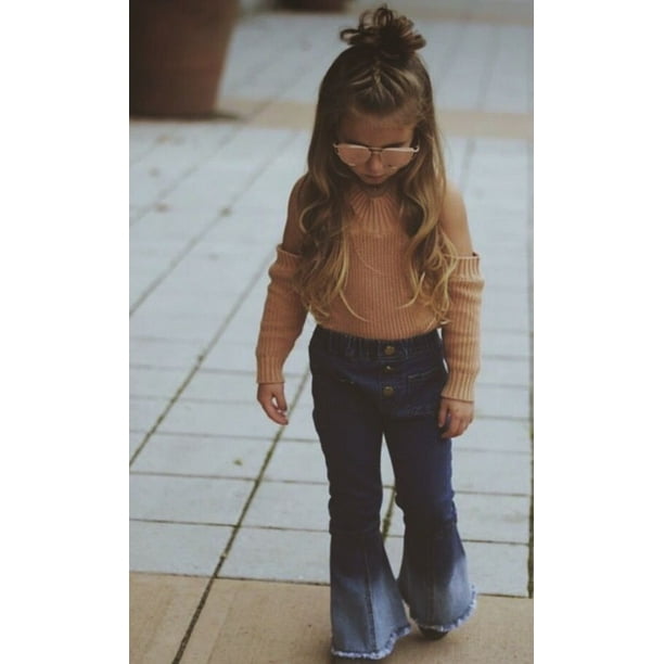 Baby Girl Off-shoulder Knitted Top + Denim Flared Pants, Chic Style Simple  Solid Color Spring Clothing 
