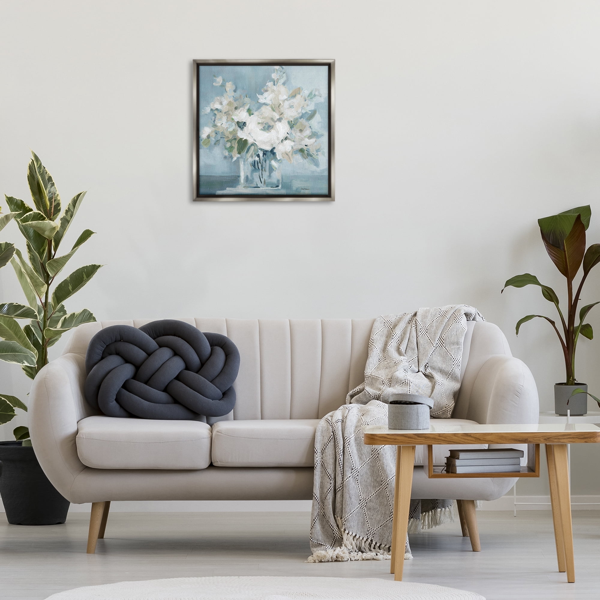 Stupell Industries Soft White Blossoms Vase Plants & Flowers Painting Gray Floater Framed Canvas Art Print Wall Art, 25 x 25