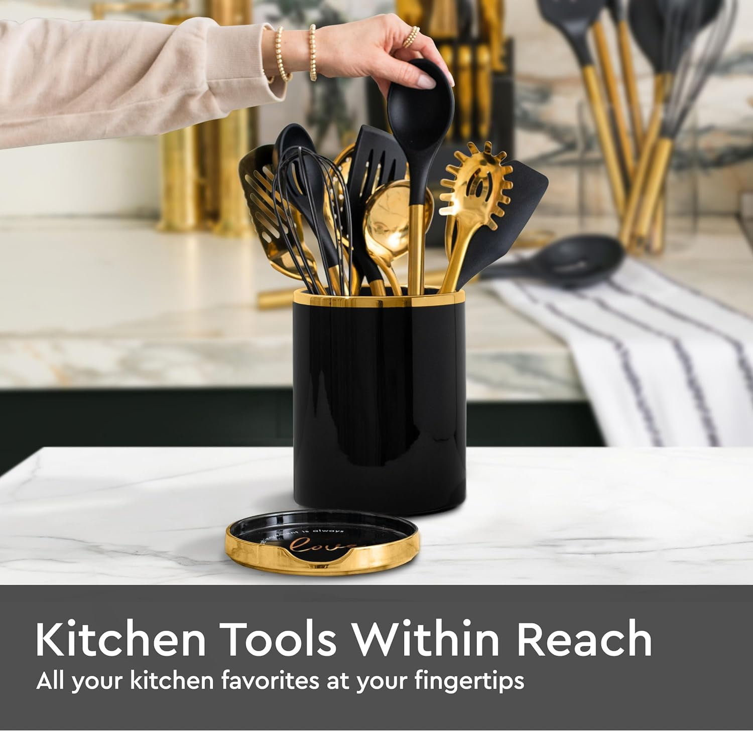 Styled Settings Black and Gold Utensil Holder with Built-in Spoon Rest - 2 PC Large Ceramic Utensil Holder Includes Black & Gold Spoon Rest