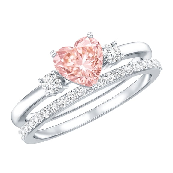 Rosec Jewels Lab Grown Pink Bridal Ring Set - Heart Engagement Ring with Diamond Enhancer - Fancy Pink Color - VVS Clarity, 925 Sterling Silver, US 4.00