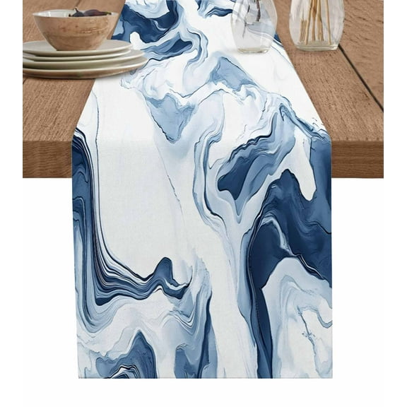 Hokiten Table Runners 120 Inches Long Dress Scarves, Marble Farmhouse Coffee/Dining/Kitchen Table Runner for Living Room, Blue Abstract Neutral Textured Modern Watercolor 13x120 Inch