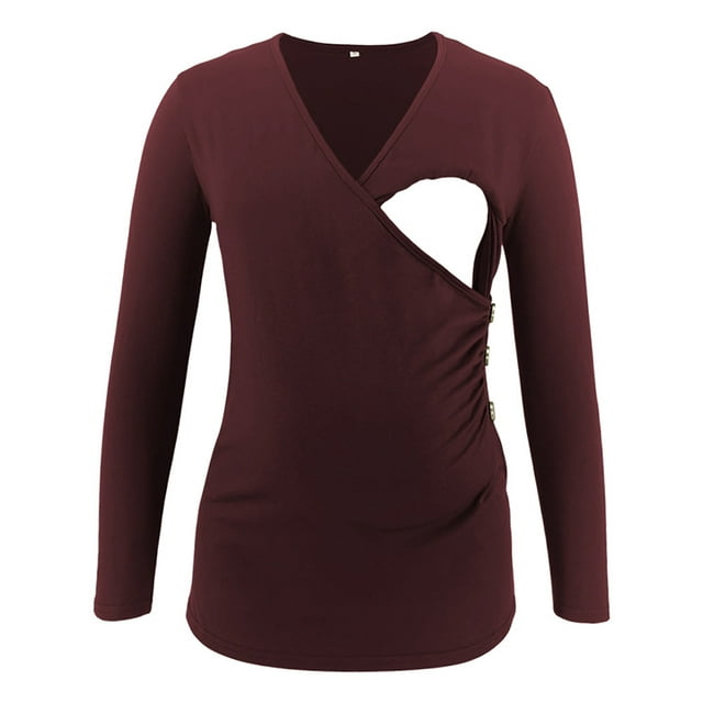 Jchiup Maternity Shirt Side Button and Ruched Long Sleeve Tunic Nursing Tops