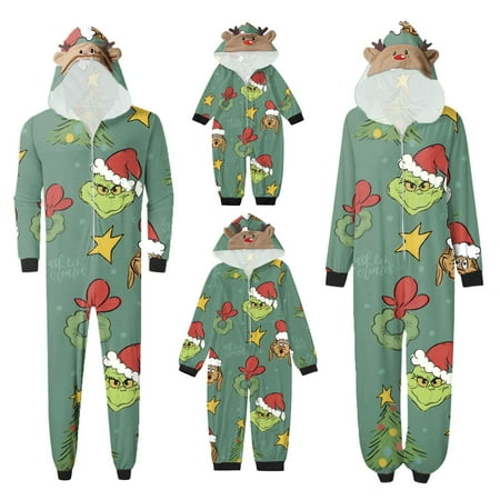 

2024 Christmas Grinch Family Matching Jumpsuit Grinch Print Long-Sleeved Loungwear Family Matching Hooded Pajamas for Baby Kid Couples Christmas Family Matching