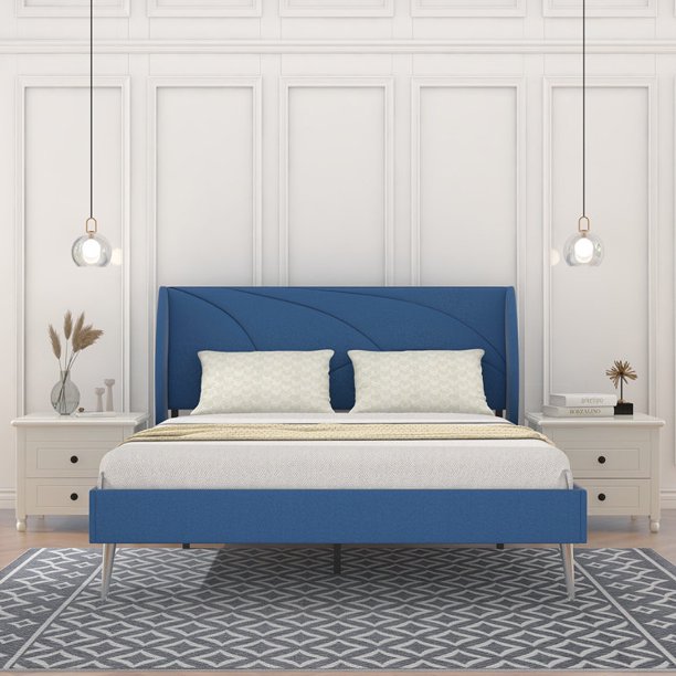Tslinn Low Profile Upholstered Queen Bed Frame With Wing Headboard,Navy