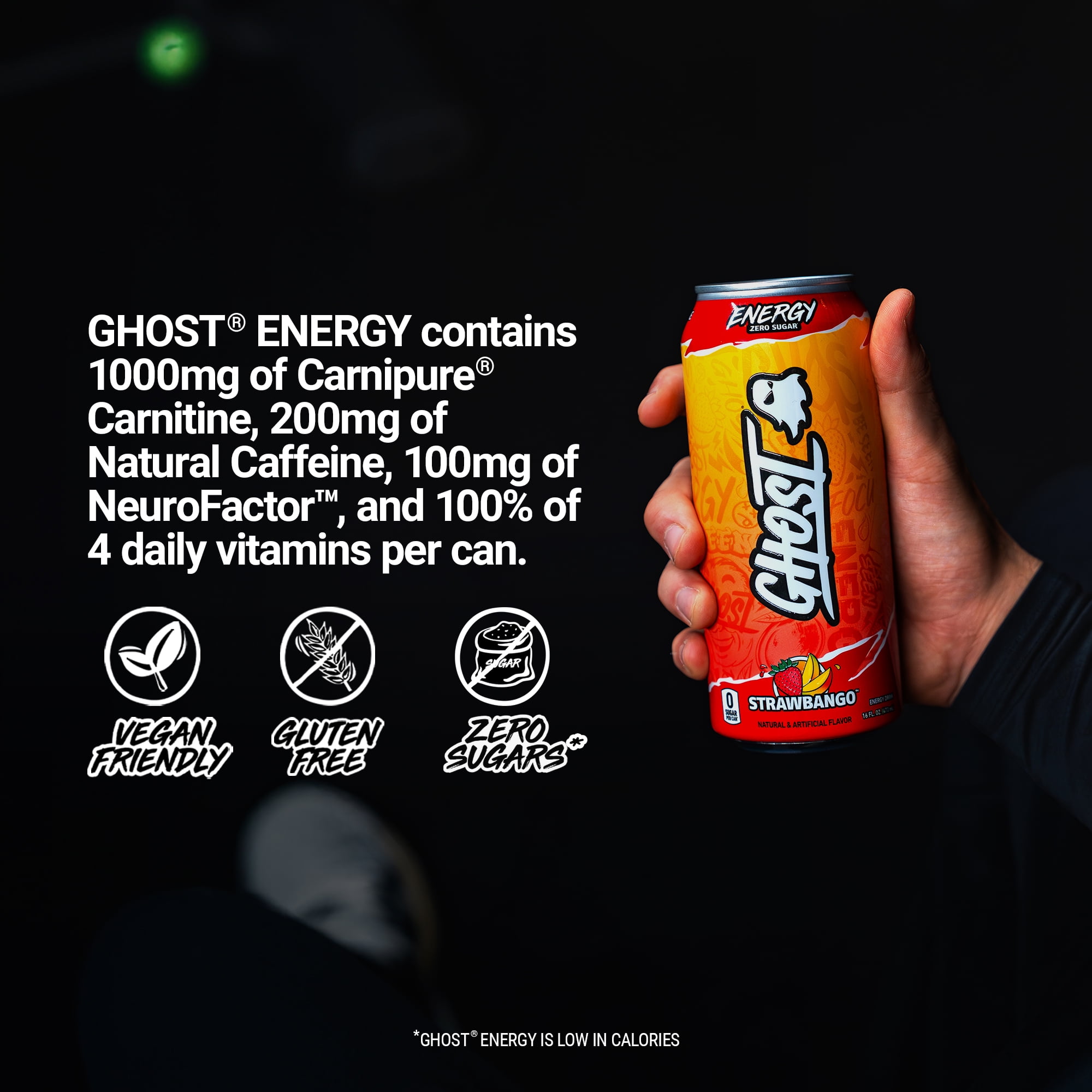 GHOST Zero Sugar Energy Drink, Strawbango, 16 oz Can, 12 Pk