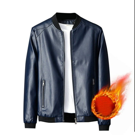 Ahabrexf Sweaters for Men, Solid Color Pocket Fleece Lined Leather Business Casual Fashion Coat