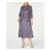 ALEX EVENINGS Womens Purple 3/4 Sleeve Tea-Length Shift Evening Dress Plus 18W