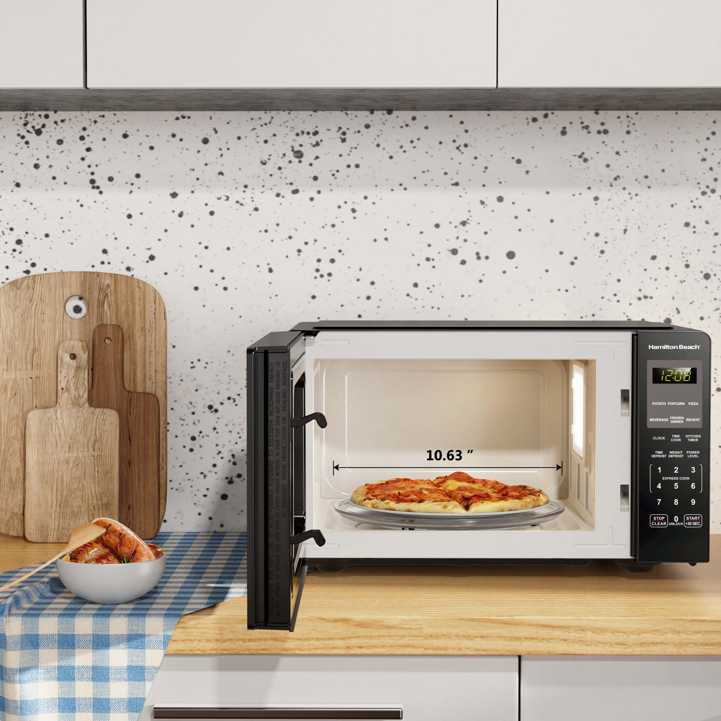 Hamilton Beach 0.9 Cu ft Countertop Microwave Oven, 900 Watts, Black Stainless Steel, New