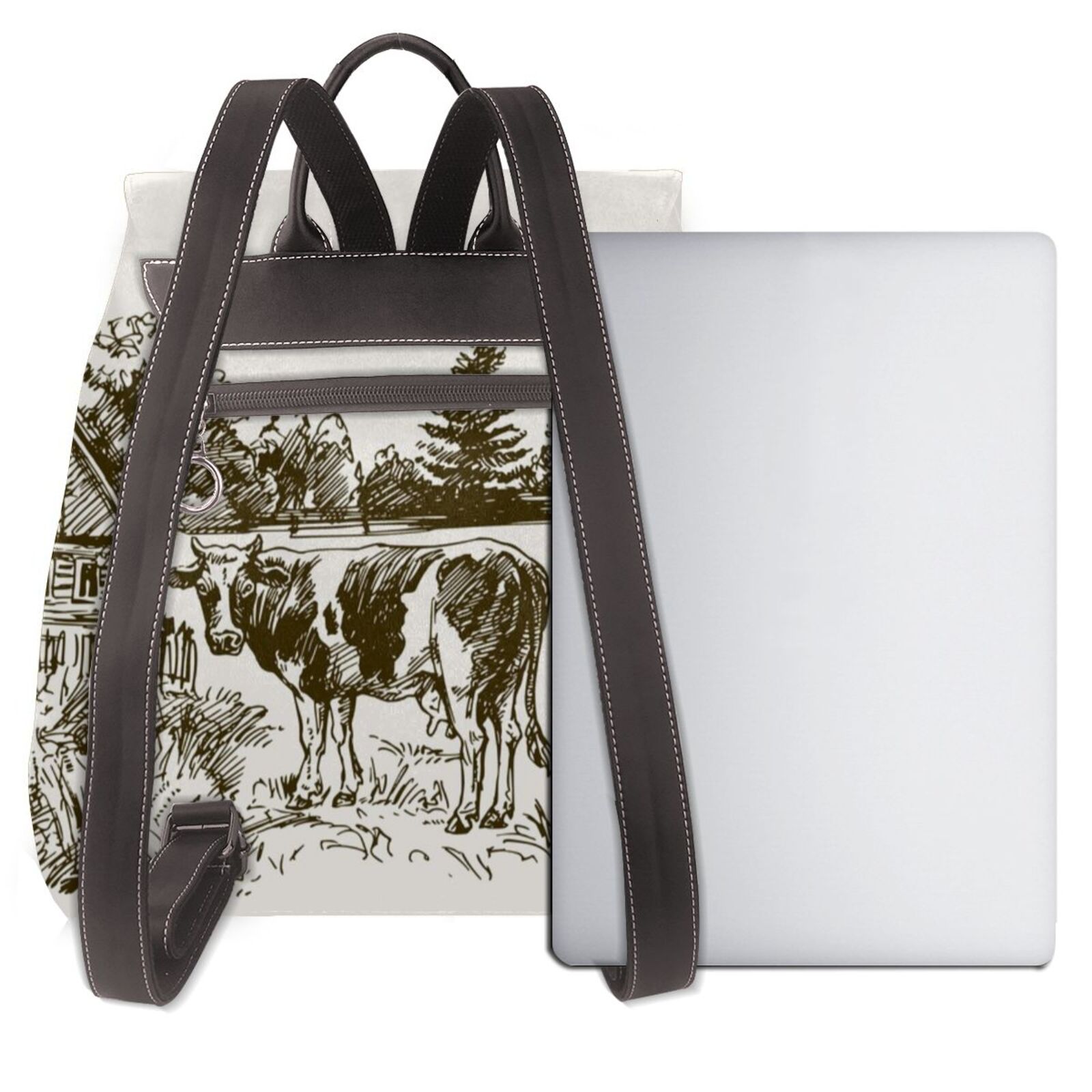 Xecao Cows Grazing On The Meadow Print Large Backpack Soft Leather for Women Travel with Compartment, Adjustable Convertible Strap