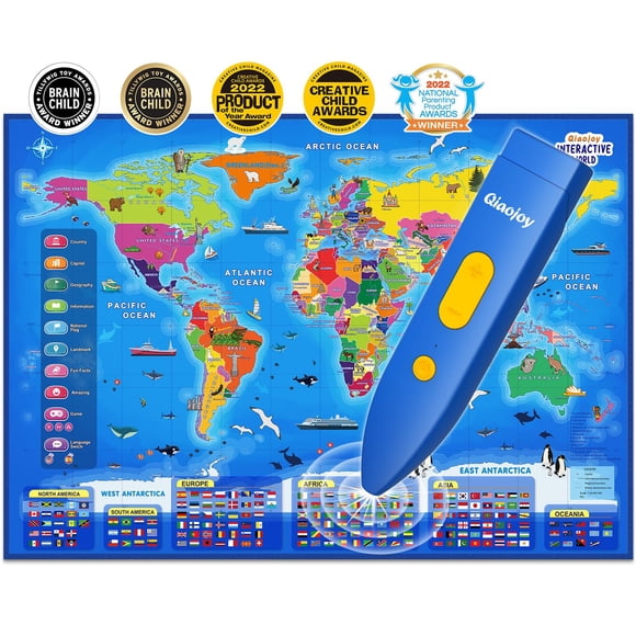 Qiaojoy Bilingual Interactive World Map for Kids Learning and Educational Toys, Talking Electronic Kids World Map i-Poster Geography Games Ages 3 to