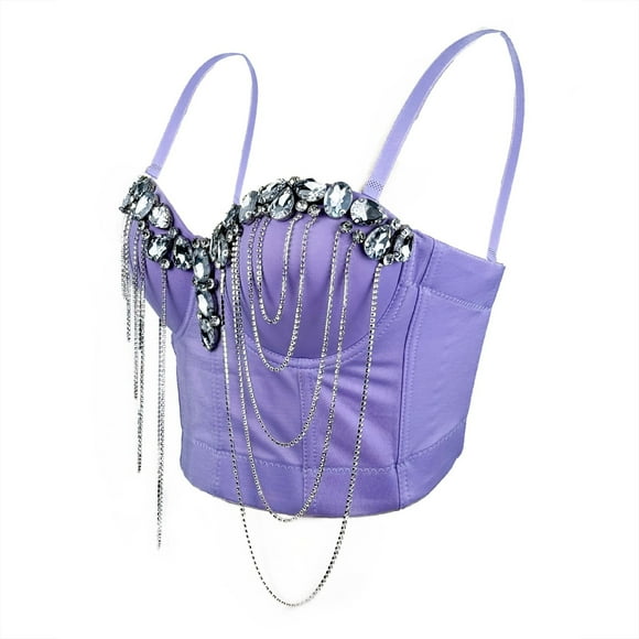 Xfvqtps Womens Rhinestone Chain Corset Crop Tops Sling Tube Top Flexible Boned Support Spaghetti Straps Bustier Vest Waist Corset Purple
