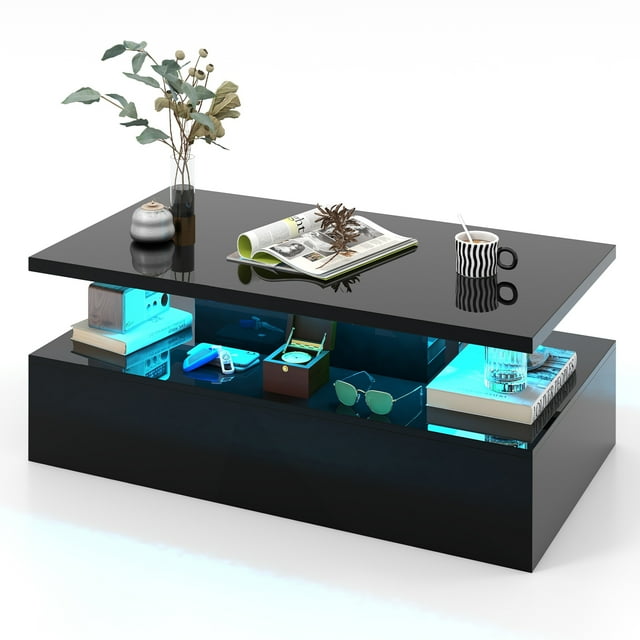 Topbuy Table Basse LED Moderne Haute Brillance avec Lumières LED 20 Couleurs, Luminosité Réglable et Télécommande, Noir