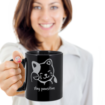Gift gor cat lovers , Stay Pawsitive - Black Coffee Mug Porcelain Tea Cup 11 oz - Great Gift
