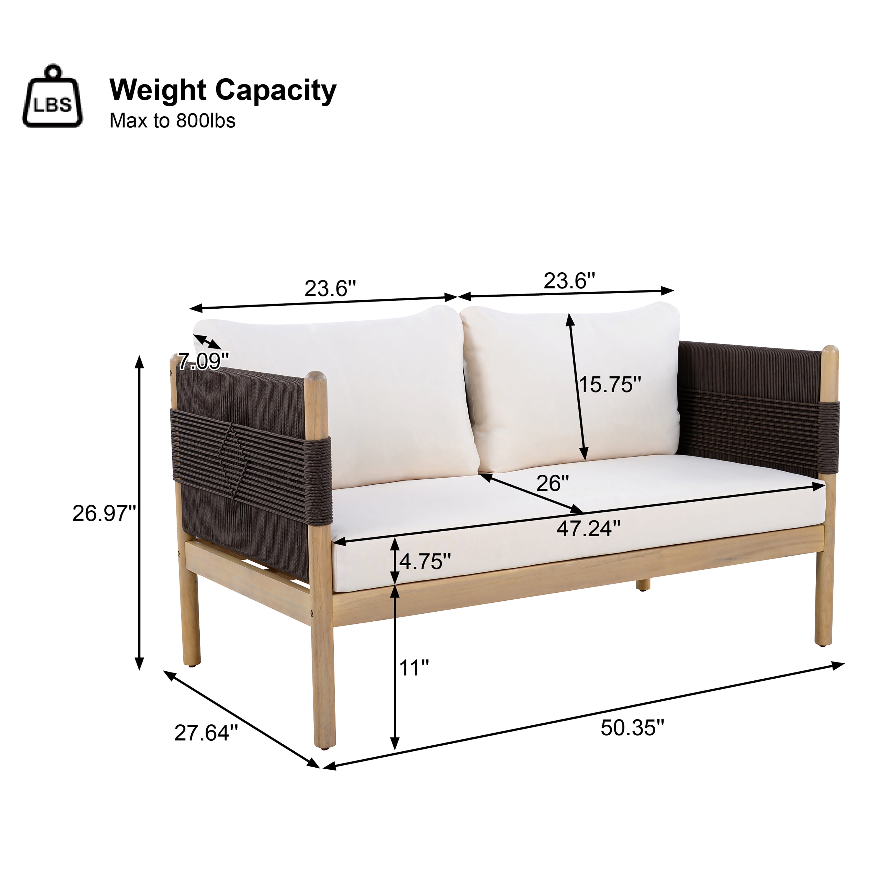Loveseat, Outdoor Acacia Wood Sofa with Diamond Rope Weave and Cushions for Patio Garden, Light Teak and Cream