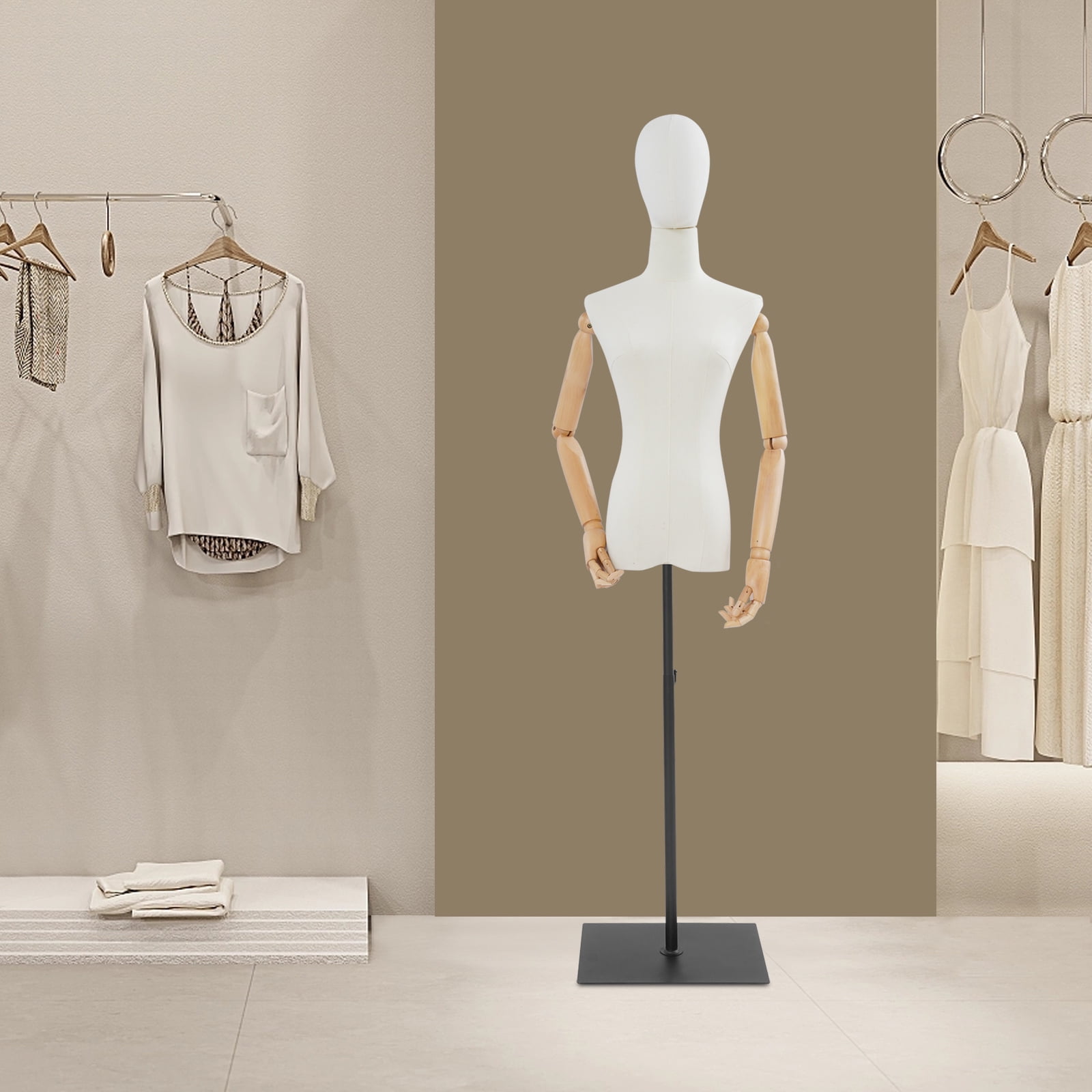 Female Mannequin, Female Dress Form Display, Adjustable Height（White + Wood Color + Black）