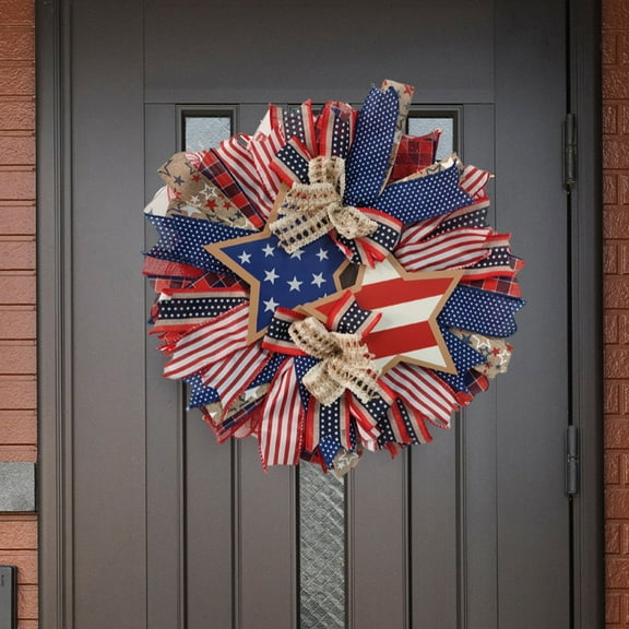 Fwttom 4Th of July Decorations, Independence Day Wreath Red Blue Pentagram Striped Door Hanging Decoration Home Decoration Props 40Cm