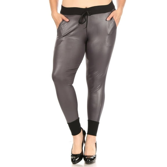 Women's Plus Size Comfy Casual Faux Leather Side Pockets Drawstring Solid Leggings Pants