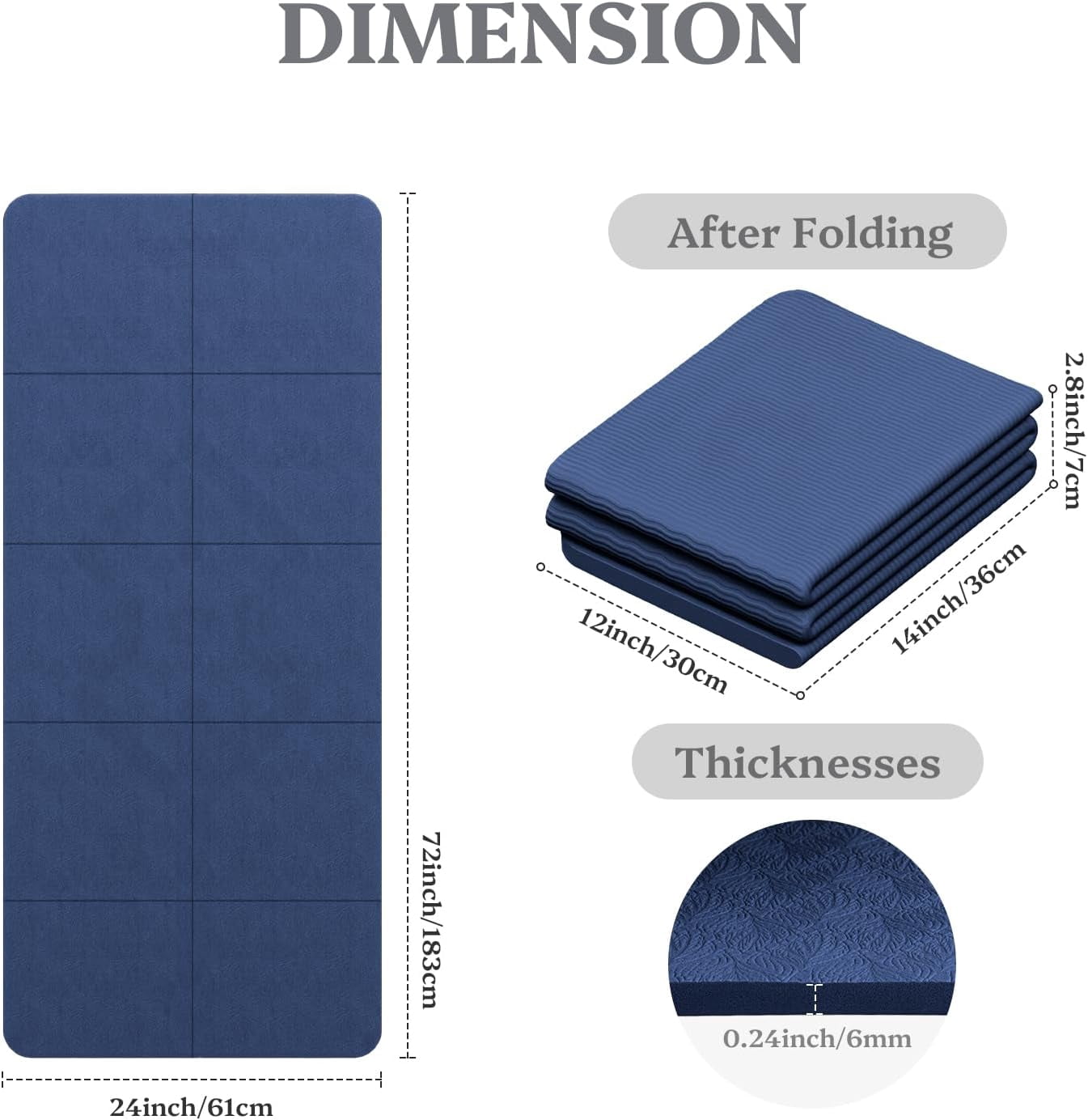 Foldable Yoga Mat Non Slip, Pilates Fitness Mats, 72" x 24" Extra Width ＆ Thick, Anti-Tear Exercise Mat with Carrying Strap and Bag, Workout Mats for Stretching,Yoga Studio,Gym or Home Workouts