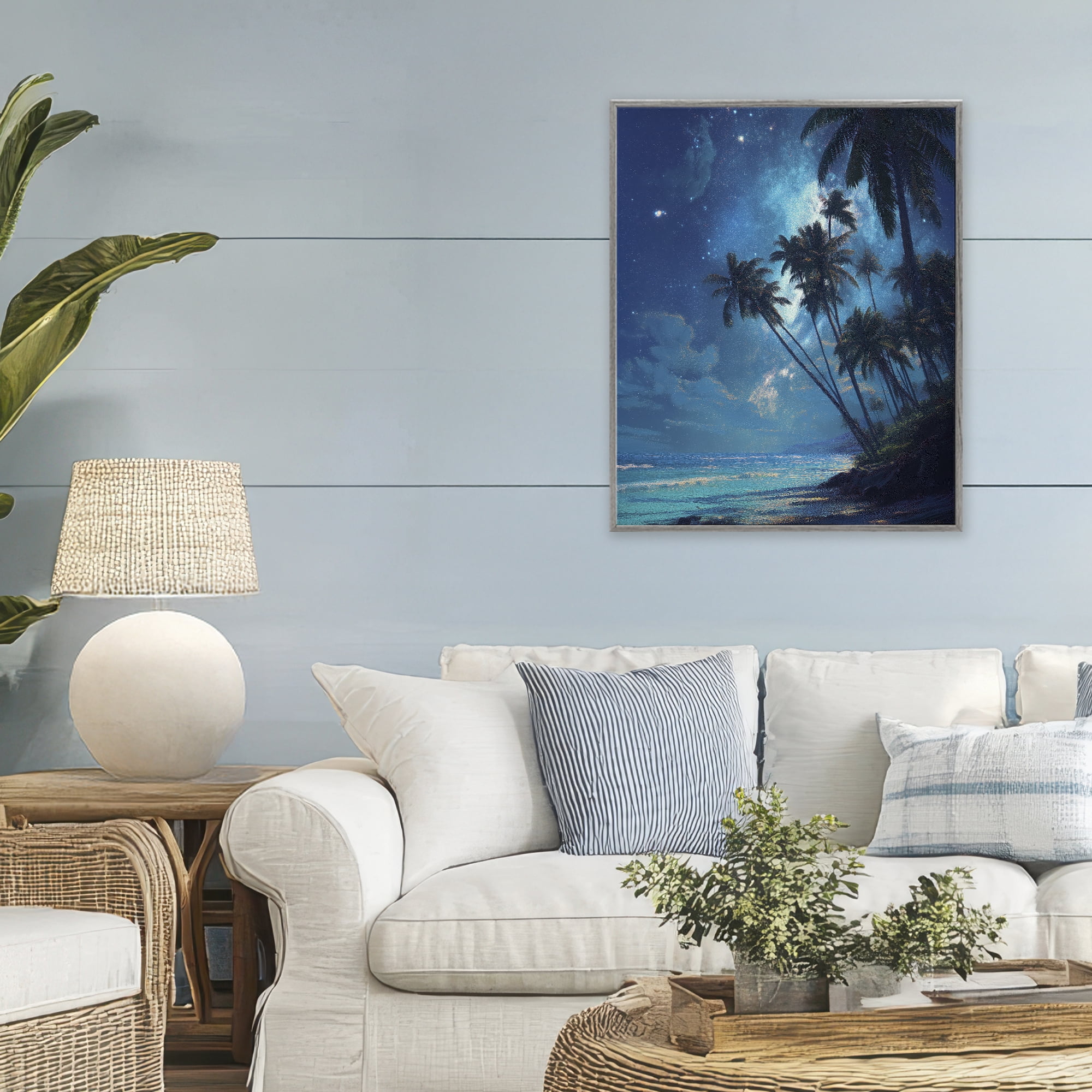 Moonlit Beach Palm Trees Gray Framed Giclee Art, design by Ziwei Li