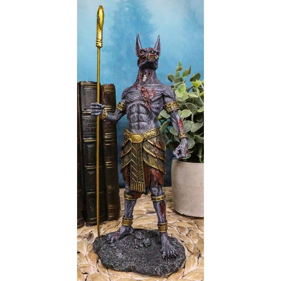 Egyptian Underworld Zombie Jackal God Anubis with Ankh Staff Spear Figurine