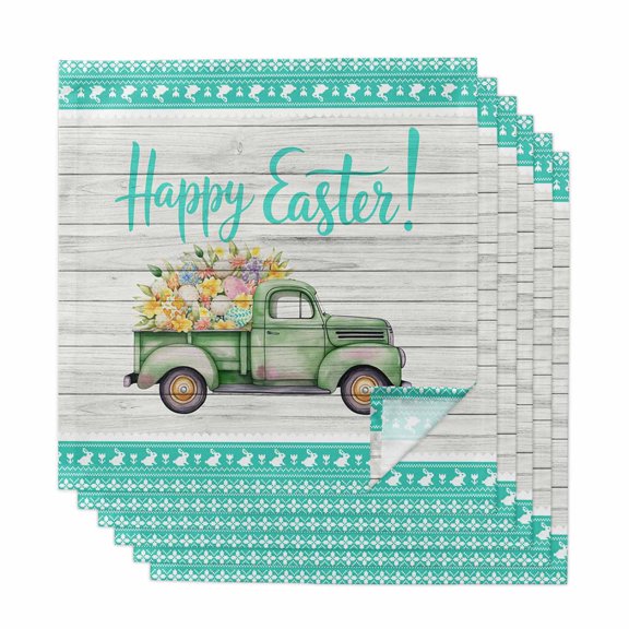 Cloth Napkins Set of 6 - 20x20 Inches, Happy Easter Washable Reusable Table Napkins, Retro Truck Spring Flowers Eggs White Wood Teal Soft & Absortbent Dining Napkin for Party Wedding Hotel Restaurant