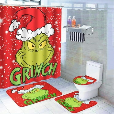 4Pcs Christmas Shower Curtain Set with Non-Slip Rugs, Toilet Lid Cover and Bath Mat, Christmas Bathroom Sets with 12 Hooks Christmas Bathroom Decor Holiday Home Decor 72 x 72 Inches