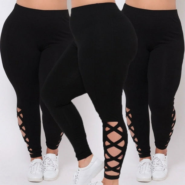 Plus Size Women Bandage Elastic Leggings Pure Criss-Cross Hollow Out Sport  Pants 