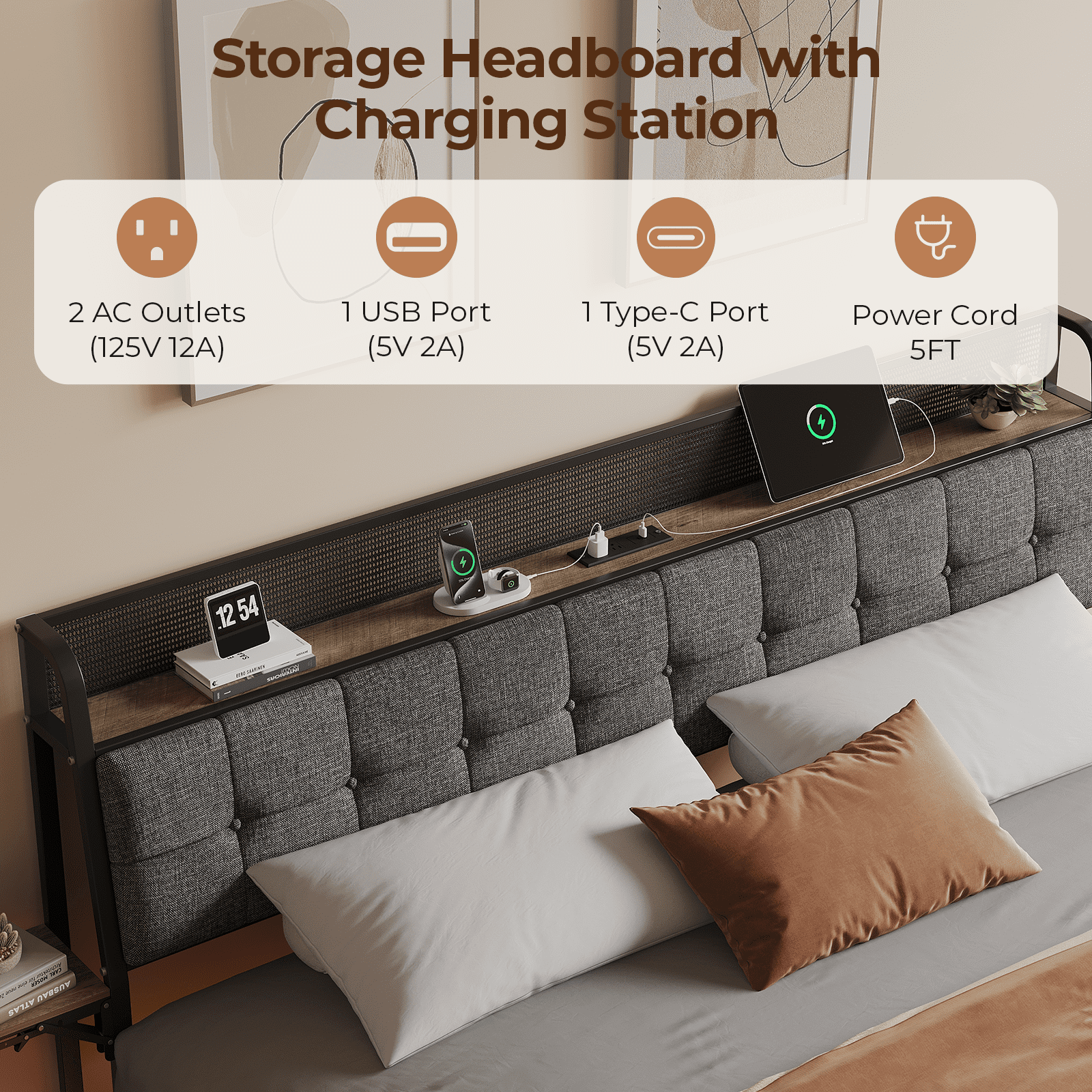 Vefurn Queen Floating Bed Frame with LED Lighting, Charging Ports, Upholstered Headboard, Black