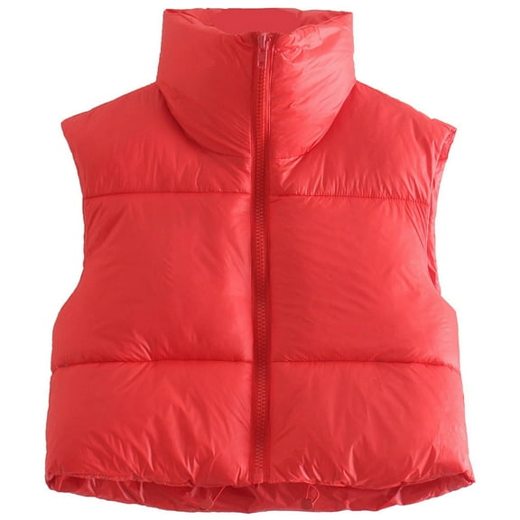 Womens Crop Puffer Vest Lightweight Sleeveless Warm Outerwear Stand Collar Zipper Up Solid Short Padded Gilet Waistcoat