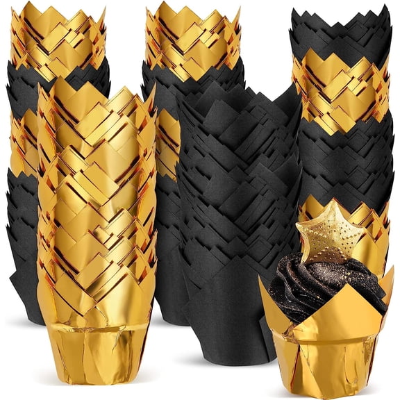 160 Pcs Tulip Cupcake Liners for Baking Muffin Aluminum Foil Paper Baking Cups Disposable Cupcake Wrappers Greaseproof Muffin Liners for New Year Wedding Baby Shower Xmas (Gold,Black)