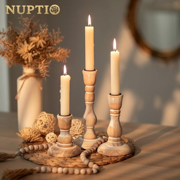 NUPTIO Taper Candle Holders Wood: Set of 3 Rustic Wooden Candlestick Holder - Vintage Candleholder for Fall Thanksgiving Christmas Fireplace Table Decor