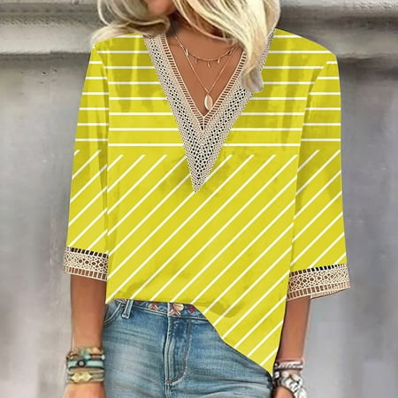Qhnvtd Tee Tops Sweaters Pullovers Pullover Hoodie Babydoll Tops For Women Tshirts 2024 Women s Printed Pullover V-neck Lace T-shirt With 3/4 Sleeves Top Yellow
