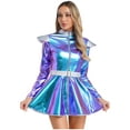thumbnail image 3 of Oyolan Womens Alien Robot Fancy Dress Metallic Shiny Long Sleeve Dress with Belt Carnival Party Outfits Blue S, 3 of 7