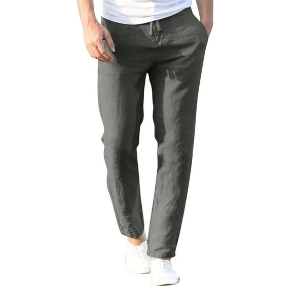 Admvng Men's Pants Solid Color Casual Linen Drawstring Elastic Belt Straight Pants with Pockets S-3XL