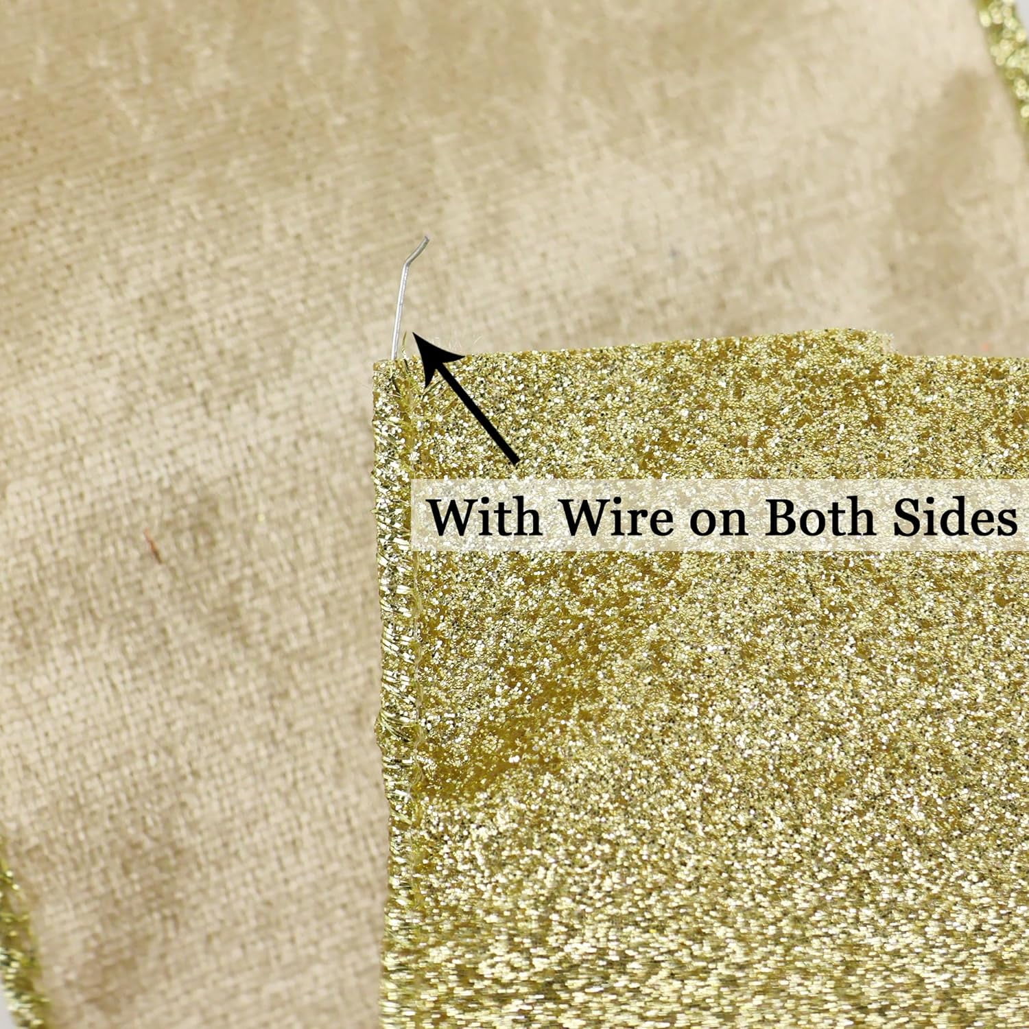 Champagne Velvet Wired Ribbon 4 inch Christmas Ribbon Double-Sided Glitter Gold Ribbons for Trees, Wreaths, Tree Top Bows, Garlands, Staircases, Crafts-10 Yards