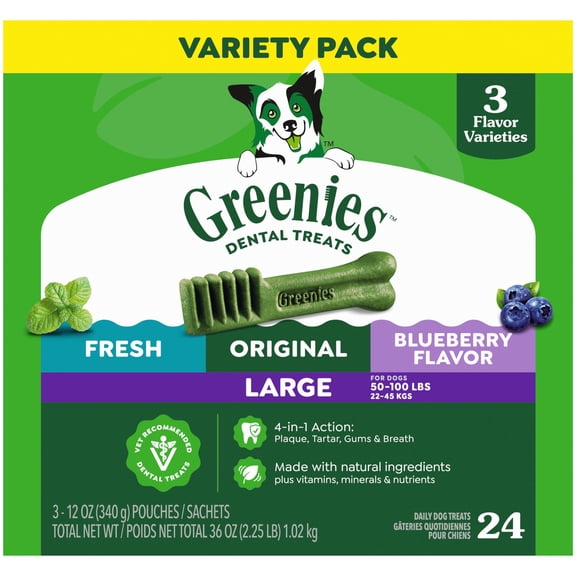 Greenies Adult Natural Dental Dog Treats 3 Flavors, Large Size, (3) 12 oz Packs (24 Count)