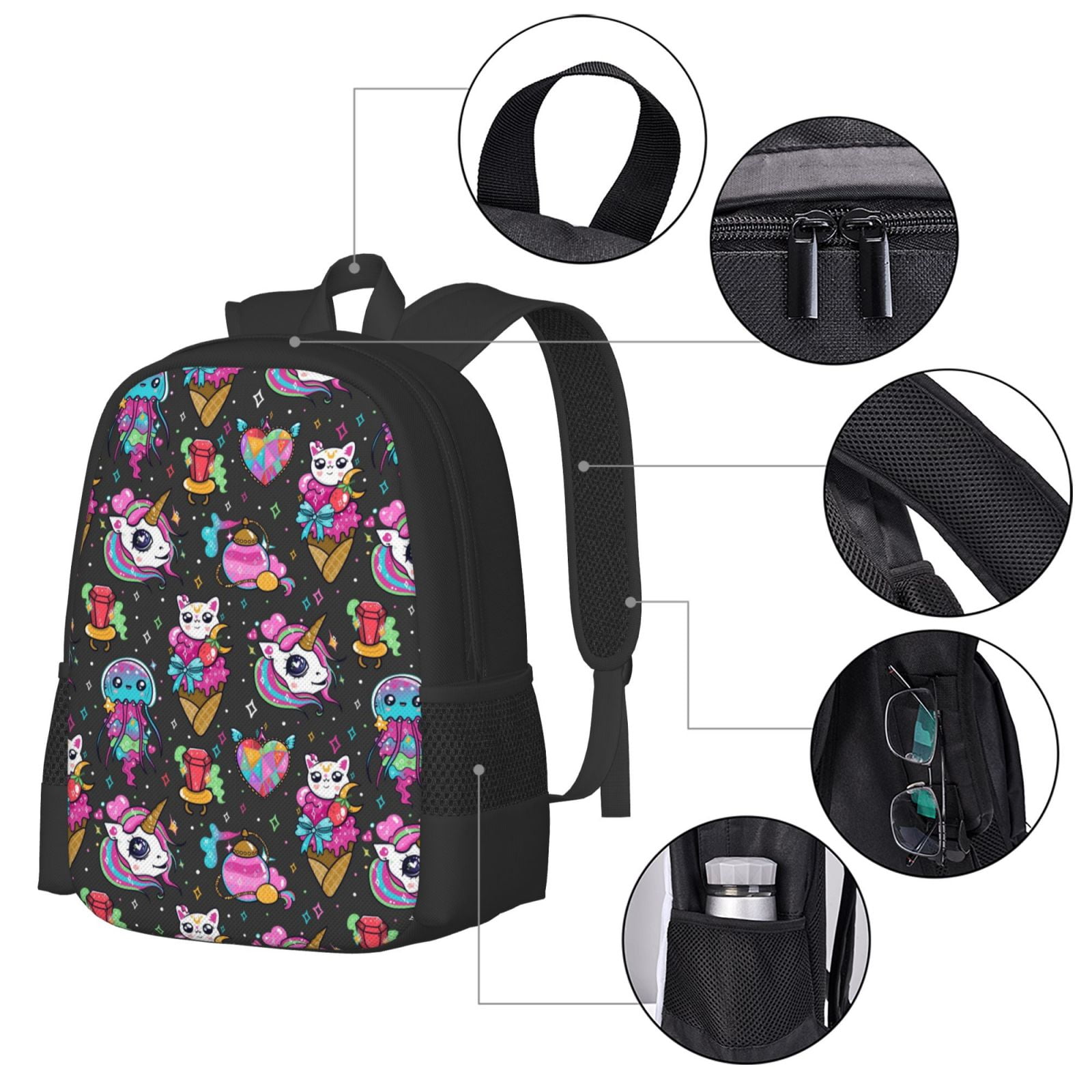 Ratiio Rainbow Unicorn And Cat Icecream Backpack for Men and Women - Durable 600D Oxford Cloth -Large Capacity, Water-Resistant School, Travel, and Hiking Bag