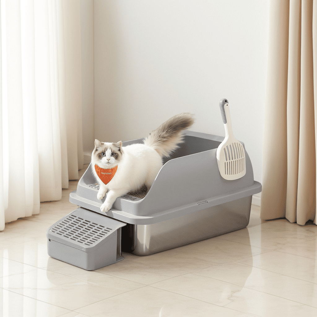 LEDREM Stainless Steel Open Top Cat Litter Box with Step, High-Sided Litter Tray for Cats up to 33 lb, Slate Gray
