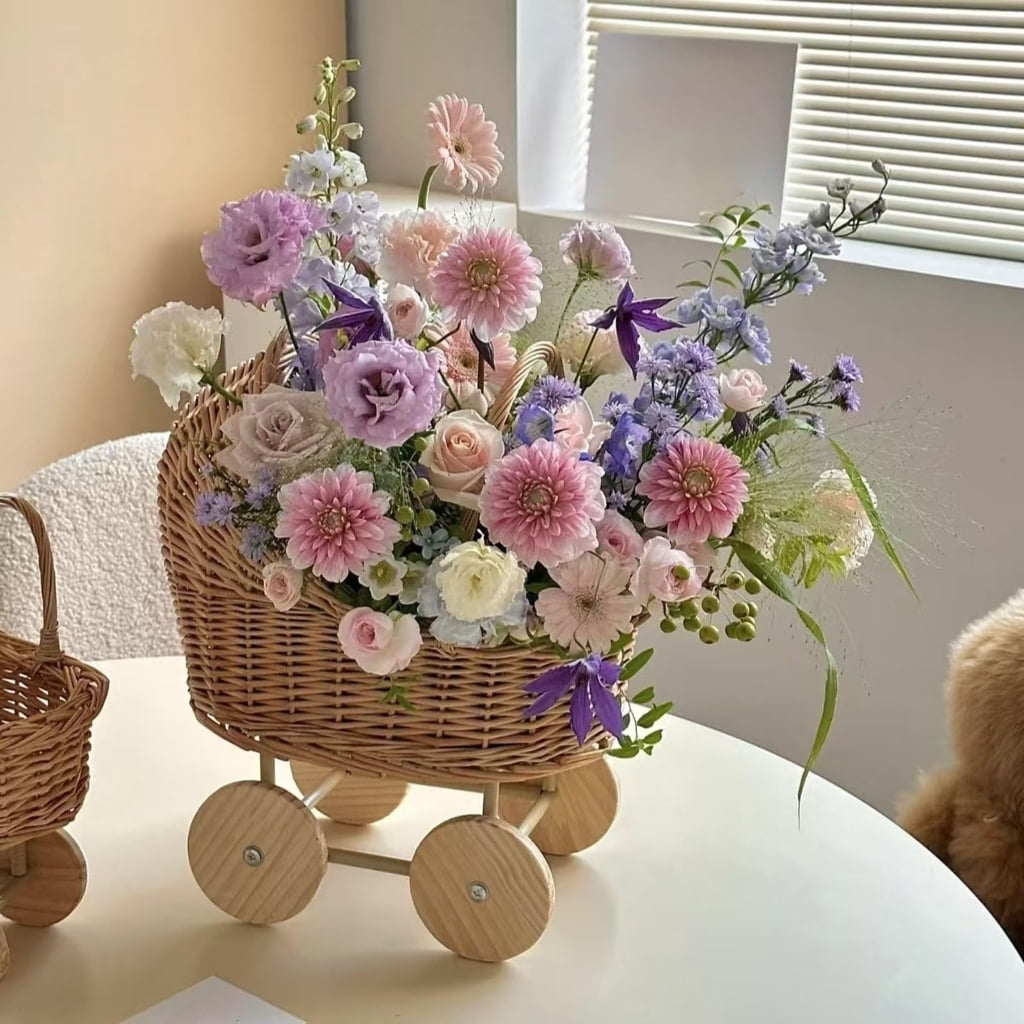 Zeiwohndc Rattan Stroller Shaped Flower Basket with Wheels Hand Woven Small Pushcart