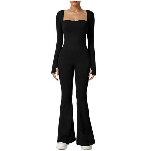 WMTBSRSW Long Sleeve Jumpsuits for Women Square Neck Flare Wide Leg Full Length Romper Playsuit Slim Fit Yoga Bell Bottoms Flare Jumpsuits